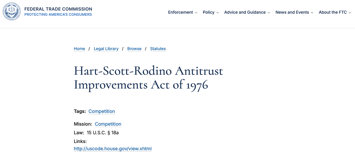 Federal Trade Commision Hart-Scott-Rodino Antitrust Improvements Act of 1976 screenshot